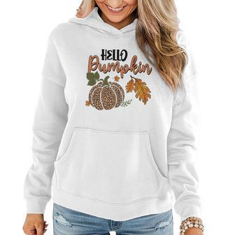 Hello Pumpkin Leopard Plaid Autumn Leaves Fall Women Hoodie Graphic Print Hooded Sweatshirt - Seseable