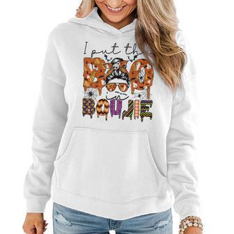 I Put The Boo In Boojie Messy Bun Hair Women Halloween Women Hoodie Graphic Print Hooded Sweatshirt - Thegiftio UK