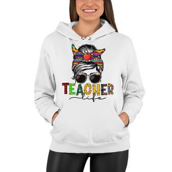 Messy Bun Teacher Life Welcome Back To School Leopard Womens Women Hoodie - Thegiftio UK