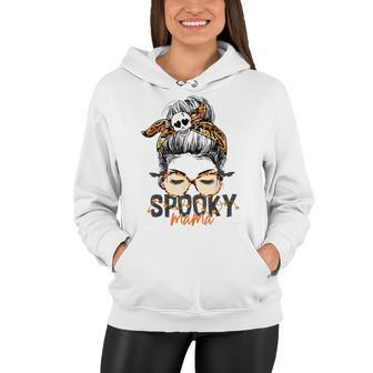 Spooky Mama Halloween Costume Skull Mom Leopard Messy Bun Women Hoodie - Seseable