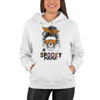 Spooky Mama Skull Halloween Womens Messy Bun Witch Women Hoodie - Seseable