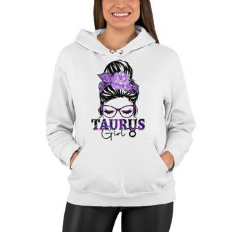 Taurus Girl Birthday Messy Bun Hair Purple Floral Women Hoodie - Seseable