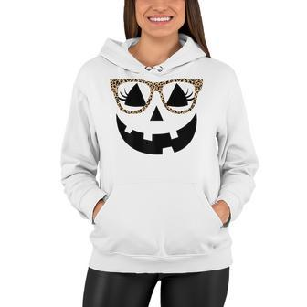 Womens Pumpkin Face Leopard Glasses With Eyelashes Halloween Women Hoodie - Seseable