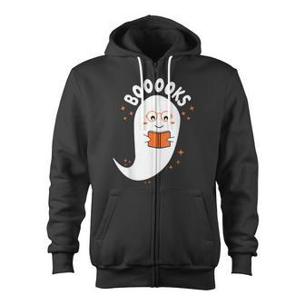 Booooks Ghost Boo Read Books Library Teacher Halloween Cute Zip Up Hoodie - Thegiftio UK