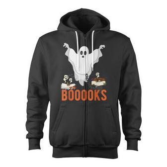 Halloween Teacher Librarian Books Reading Ghost Pun Booooks Zip Up Hoodie - Thegiftio UK