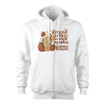 Stressed Blessed Pumpkin Spice Obsessed Coffee Thanksgiving Zip Up Hoodie - Thegiftio UK