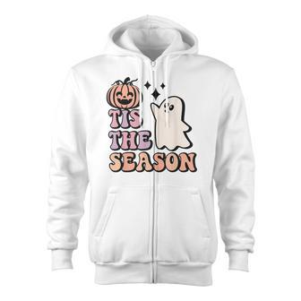 Tis The Season Pumpkin Ghost Funny Autumn Halloween Zip Up Hoodie - Thegiftio UK