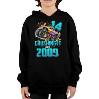 14 Crushing It Since 2009 Monster Truck 14Th Birthday Boys V2 Youth Hoodie - Thegiftio UK