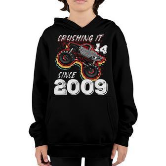 14 Crushing It Since 2009 Monster Truck 14Th Birthday Boys Youth Hoodie - Thegiftio UK