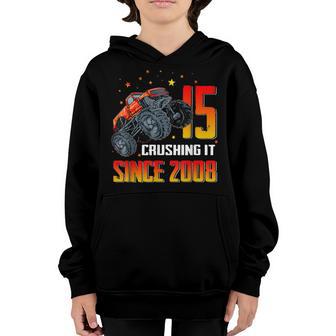 15 Crushing It Since 2008 Monster Truck 15Th Birthday Boys V2 Youth Hoodie - Thegiftio UK