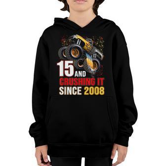15 Crushing It Since 2008 Monster Truck 15Th Birthday Boys V3 Youth Hoodie - Thegiftio UK