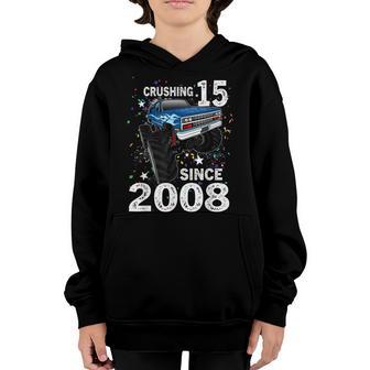 15 Crushing It Since 2008 Monster Truck 15Th Birthday Boys Youth Hoodie - Thegiftio UK