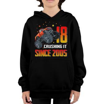 18 Crushing It Since 2005 Monster Truck 18Th Birthday Boys Youth Hoodie - Thegiftio UK