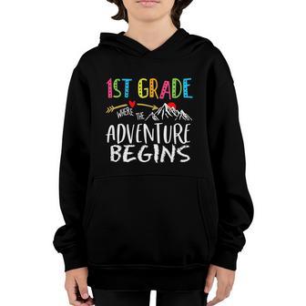 1St Grade Back To School Where The Adventure Begins Graphic Design Printed Casual Daily Basic Youth Hoodie - Thegiftio UK
