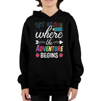 1St Grade Where The Adventure Begins Back To School Graphic Design Printed Casual Daily Basic Youth Hoodie - Thegiftio UK