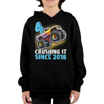 4 Crushing It Since 2018 Monster Truck 4Th Birthday Boys Youth Hoodie - Seseable