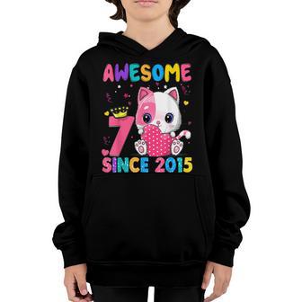 7 Years Old 7Th Birthday Girls Cute Cat Awesome Since 2015 Youth Hoodie - Thegiftio UK
