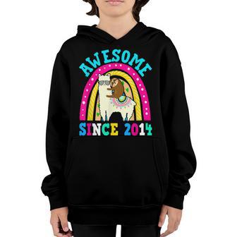 Awesome Since 2014 Llama Sloth 8Th Birthday Rainbow Girls Youth Hoodie - Thegiftio UK