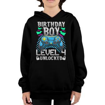 Birthday Boy Level 4 Unlocked Gamer 4Th Birthday Gift Youth Hoodie - Thegiftio UK