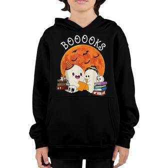 Booooks Ghost Boo Read Book Library Moon Halloween Boy Girl Youth Hoodie - Thegiftio UK