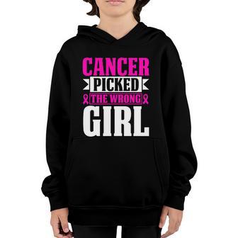 Cancer Picked The Wrong Girl Pink Ribbon Breast Cancer V4 Youth Hoodie - Thegiftio UK