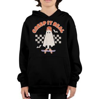 Creep It Real Ghost Skateboard Halloween Bat Checkered Sk8r Youth Hoodie - Thegiftio UK