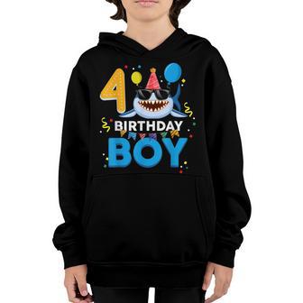 Cute Birthday Boy 4 Years Old Kids 4Th Birthday Boy Shark Youth Hoodie - Thegiftio UK