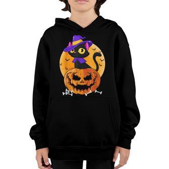 Cute Halloween Black Cat Witch Hat Pumpkin For Kids Girls V2 Youth Hoodie - Thegiftio UK