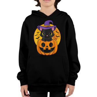 Cute Halloween Black Cat Witch Hat Pumpkin For Kids Girls V3 Youth Hoodie - Thegiftio UK
