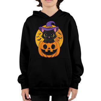 Cute Halloween Black Cat Witch Hat Pumpkin For Kids Girls Youth Hoodie - Thegiftio UK