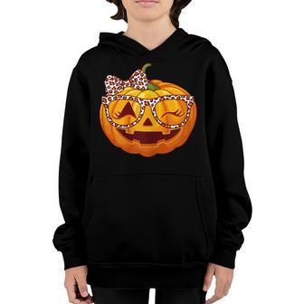 Cute Pumpkin Face With Leopard Glasses Girls Halloween Women Youth Hoodie - Thegiftio UK