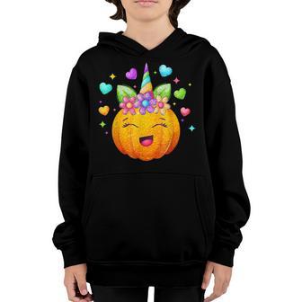 Cute Unicorn Face Pumpkin Halloween Thanksgiving Girls Kids Youth Hoodie - Thegiftio UK