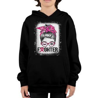 Fighter Messy Bun Breast Cancer Awareness Pink Warrior Girls Youth Hoodie - Thegiftio UK