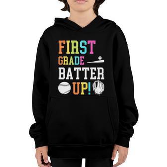 First Grade Batter Up Baseball Back To School 1St Grade Graphic Design Printed Casual Daily Basic V2 Youth Hoodie - Thegiftio UK