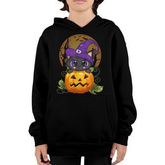 Funny Halloween Black Cat Witch Hat Pumpkin For Kids Girls Youth Hoodie - Thegiftio UK