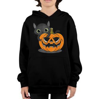 Funny Halloween Black Cat Witch On Pumpkin For Kids Girls Youth Hoodie - Thegiftio UK