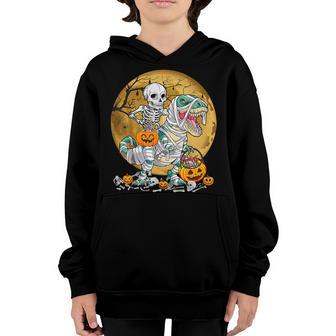 Funny Kids Skeleton Riding Dinosaur Mummy Retro Halloween Youth Hoodie - Thegiftio UK