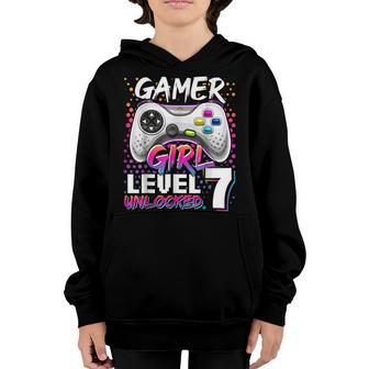 Gamer Girl Level 7 Unlocked Video Game 7Th Birthday Youth Hoodie - Thegiftio UK