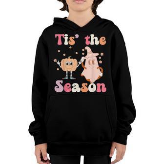 Groovy Tis The Season Pumpkin Floral Ghost Hippie Halloween Youth Hoodie - Thegiftio UK