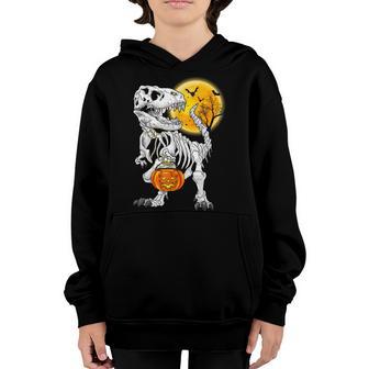 Halloween Boys Dinosaur Skeleton T Rex Scary Pumpkin Moon Youth Hoodie - Thegiftio UK