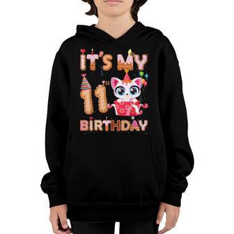 Its My 11Th Birthday Girl Funny Cat Birthday 11 Year Old Youth Hoodie - Thegiftio UK