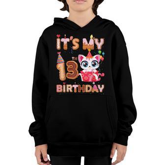 Its My 13Th Birthday Girl Funny Cat Birthday 13 Year Old Youth Hoodie - Thegiftio UK