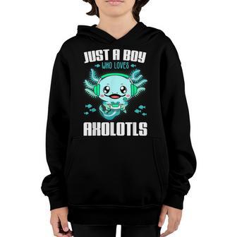 Just A Boy Who Loves Axolotls Funny Axolotl Gamer Kids Boys Youth Hoodie - Thegiftio UK