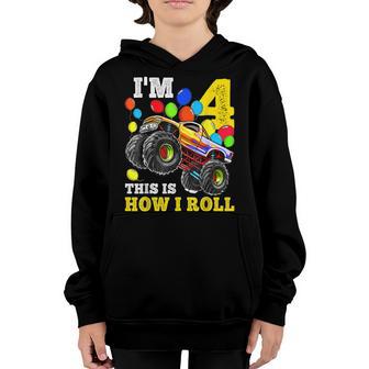 Kids 4 Year Old 4Th Birthday Boy Monster Truck Car V2 Youth Hoodie - Thegiftio UK