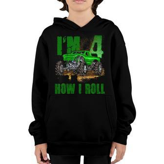 Kids 4Th Birthday Monster Truck For Boys & Girls 4 Years Youth Hoodie - Seseable
