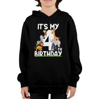 Kids Its My 4Th Birthday Zoo Jungle Safari 4 Years Old Animals Youth Hoodie - Thegiftio UK