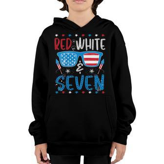 Kids Red White & Seven Funny 7Th Birthday 4Th Of July Boys Girls Youth Hoodie - Seseable