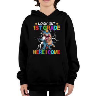 Look Out 1St Grade Here I Come Back To School Dinosaur Gift Graphic Design Printed Casual Daily Basic Youth Hoodie - Thegiftio UK
