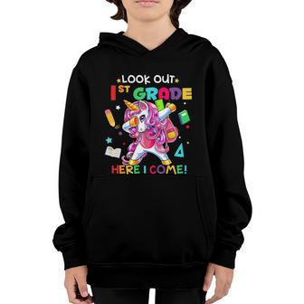 Look Out 1St Grade Here I Come Unicorn Back To School Cool Gift Graphic Design Printed Casual Daily Basic Youth Hoodie - Thegiftio UK