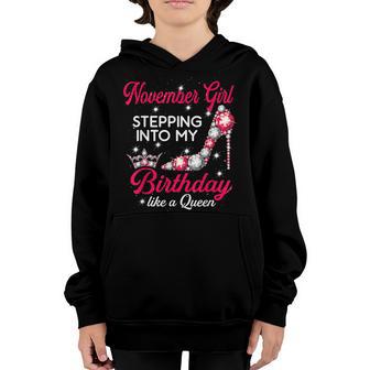 November Girl Stepping Into My Birthday Like A Queen Shoes Youth Hoodie - Thegiftio UK